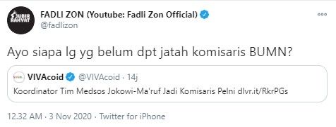 Fadli zon sindir Erick Thohir obral jatah komisaris BUMN (Twitter/fadlizon)