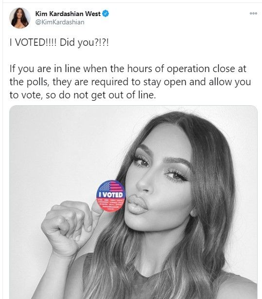 Kim Kardashian usai nyoblos. (Dok: Twitter/KimKardashian)