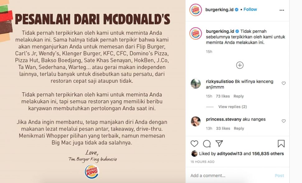 Tangkapan layar surat terbuka dari Burger King Indonesia. (Instagram/@burgerking.id)