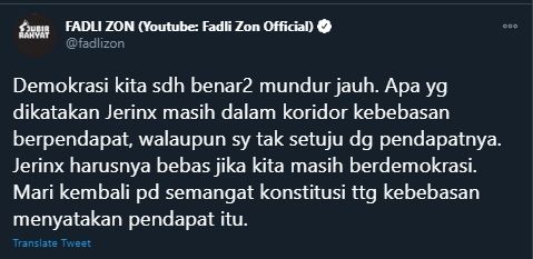 Cuitan Fadli Zon Respons Tuntutan JPU ke Jerink, Sebut Cerminkan Kemunduran Demokrasi (Twitter/Fadlizon).