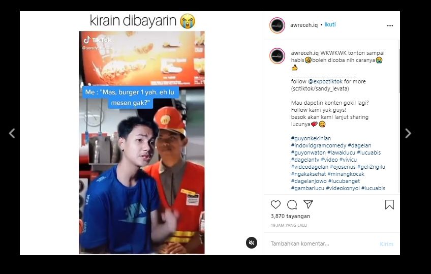 Gokil! Beli Burger di Restoran, Pria Ini Punya Trik Biar Teman Nggak Hutang. (Instagram/@awreceh.iq)