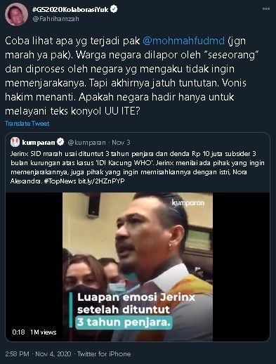 Fahri Hamzah soroti kasus Jerinx. (Twitter)