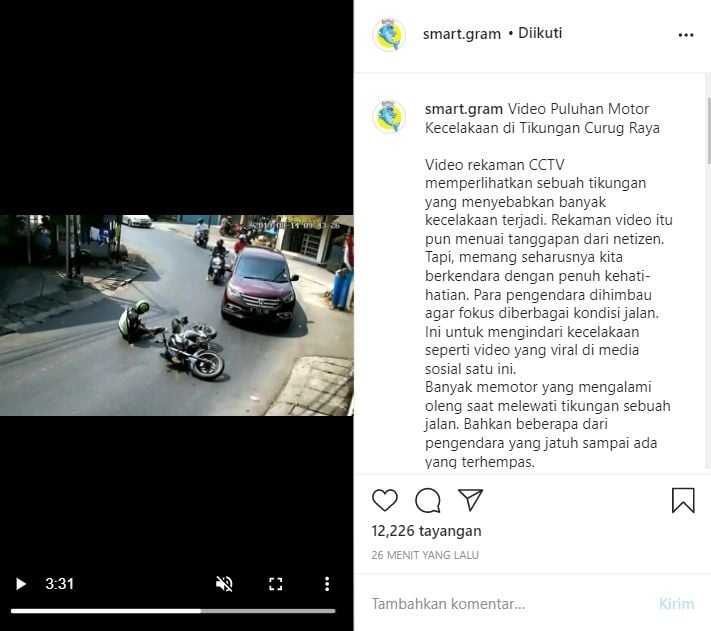 Viral Tikungan Berbahaya, Puluhan Motor Terekam CCTV Pernah Tergelincir di Sini (Instagram/@smart.gram).