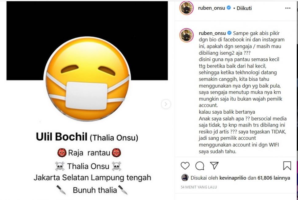 Akun Facebook yang mengancam membunuh anak Ruben Onsu. [Instagram]