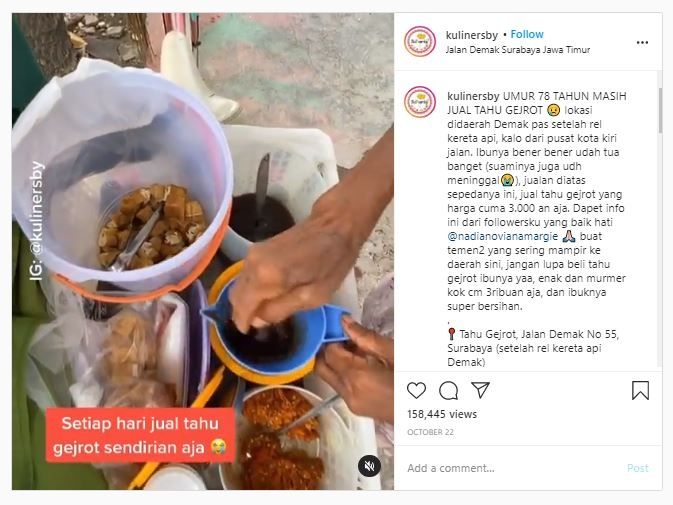 Nenek penjual tahu gejrot (Instagram @kulinersby)