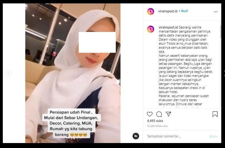 Viral Cewek Ditinggal Cek In Calon Suami Bareng Mantan Jelang Hari Pernikahan (Instagram/viralrepost.id).