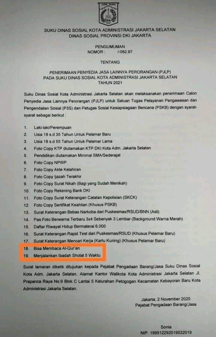 Surat berisi mengenai rekrutmen pegawai baru untuk menjadi karyawan Penyedia Jasa Lainnya Perorangan (PJLP) Suku Dinas Sosial Kota Administrasi Jakarta Selatan viral di media sosial. (Ist)