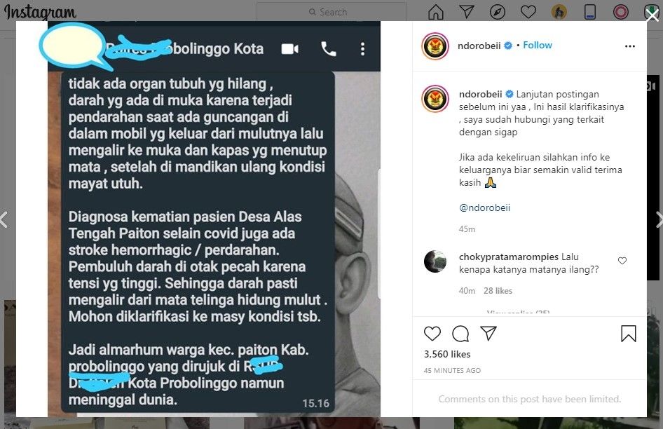 Bola mata jenazah Covid-19 hilang (IG/ndorobeii)