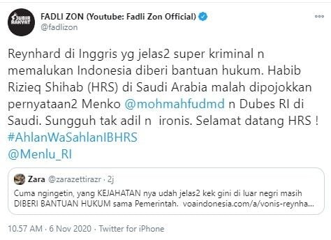 Fadli zon bandingkan Rizieq dengan Reynhard Sinaga (Twitter/fadlizon)