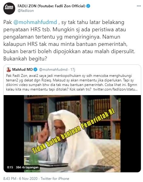 Mahfud MD debat dengan Fadli Zon gegara Rizieq (Twitter)