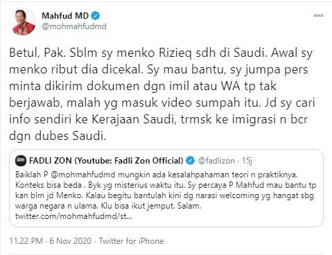 Fadli Zon tantang Mahfud MD jemput Rizieq (Twitter)