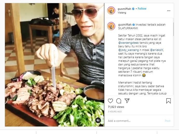 Gus Miftah curhat pernah menangis saat memakan steak (Instagram @gusmiftah)