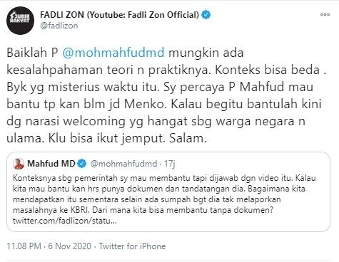 Fadli Zon tantang Mahfud MD jemput Rizieq (Twitter)