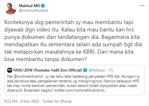 Mahfud MD debat dengan Fadli Zon gegara Rizieq (Twitter)