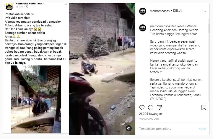 Viral Video Wanita Dorong Nenek Sampai Terjungkal ke Tanah (Instagram/memomedsos).