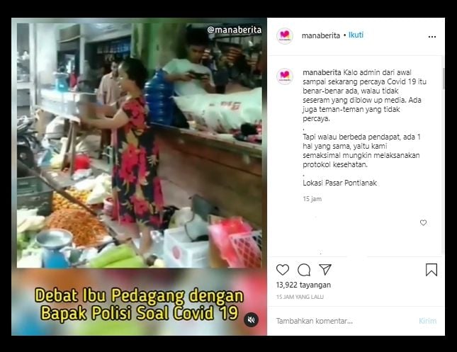 Tangkapan Layar Video Viral Adu Debat Wanita dengan Polisi, Sebut Covid-19 Cuma Rekayasa (Instagram/manaberita).