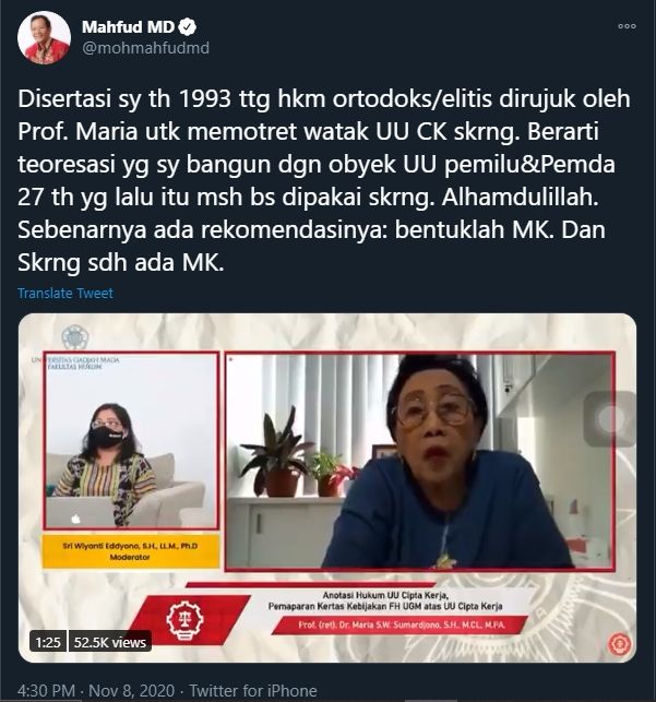 Cuitan Mahfud MD Perihal Omnibus Law dan Disertasinya (Twitter/mohmahfudmd).