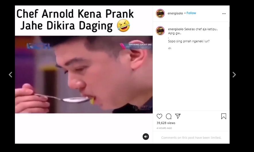 Dikira Daging, Momen Chef Arnold Kena Prank Gigit Jahe Ini Bikin Ngakak. (Instagram/@energisolo)