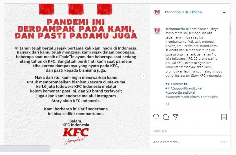 KFC endorse usaha lokal (Instagram @kfcindonesia)