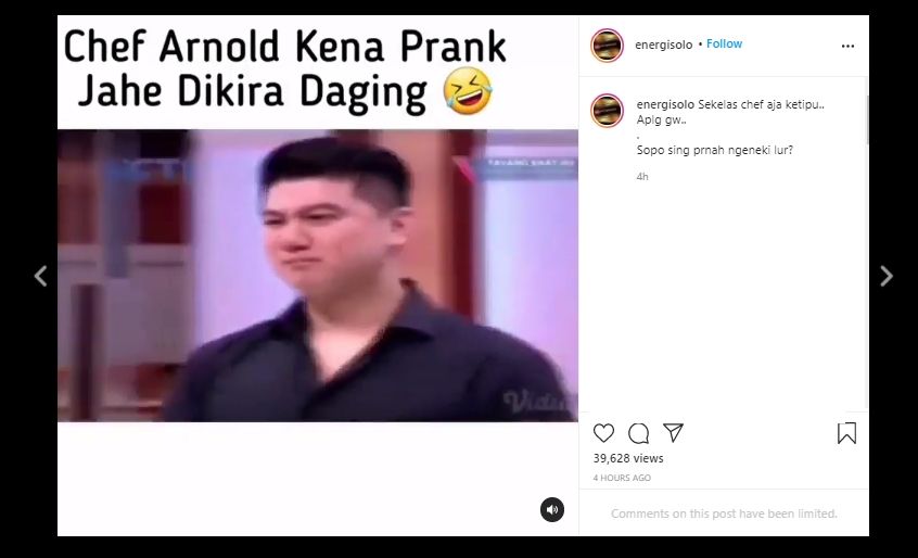 Dikira Daging, Momen Chef Arnold Kena Prank Gigit Jahe Ini Bikin Ngakak. (Instagram/@energisolo)