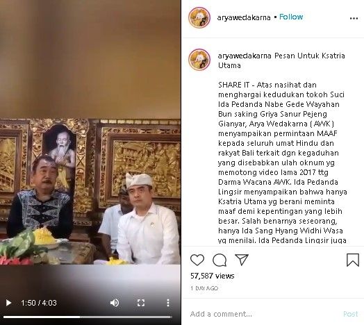 AWK didampingi Ida Pedanda Nabe Gede Wayahan Bun. (Instagram/@aryawedakarna)