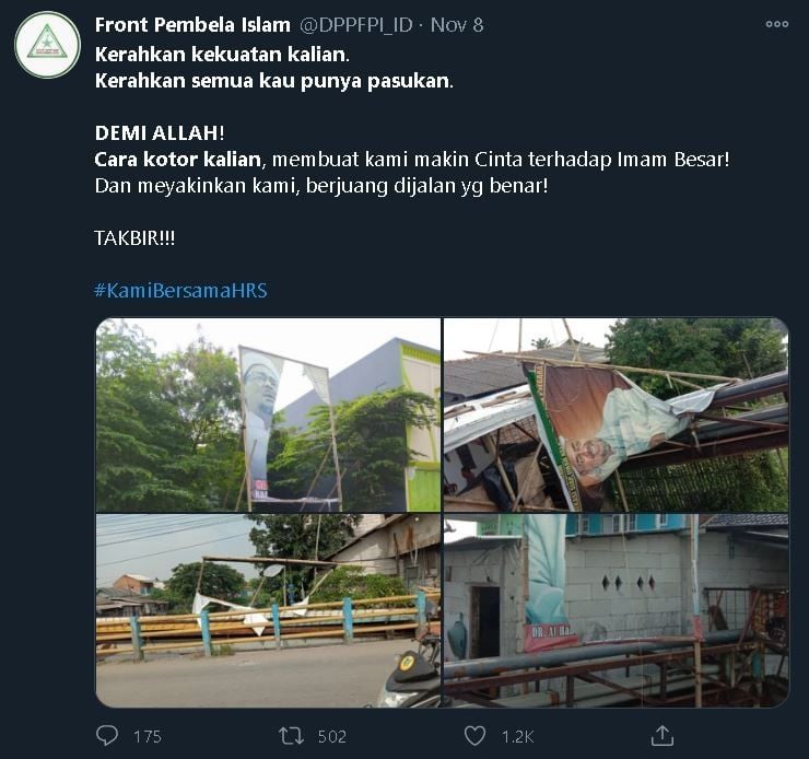 Cuitan FPI terkait perusakan spanduk dan baliho Habib Rizieq.(Twitter)