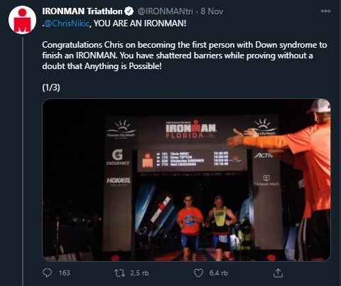 Chris Nikic menyelesaikan kompetisi Ironman Triathlon (Twitter/Ironman)