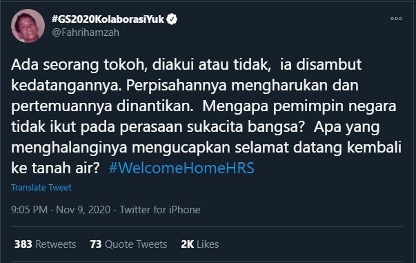 Fahri Hamzah Komentari Pemimpin Negara yang Tak Ikut Sukacita Kepulangan HRS (Twitter/FahriHamzah).