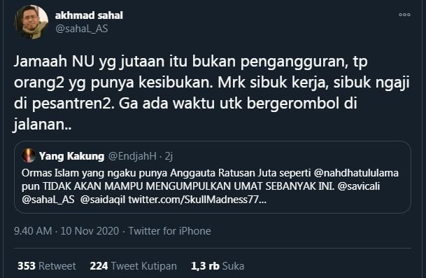 Cuitan Gus Sahal membalas twit dari netizen (Twitter)