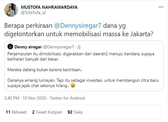 Cuitan Mustofa dan Denny Siregar soal HRS. - (Twitter/@TofaTofa_id)