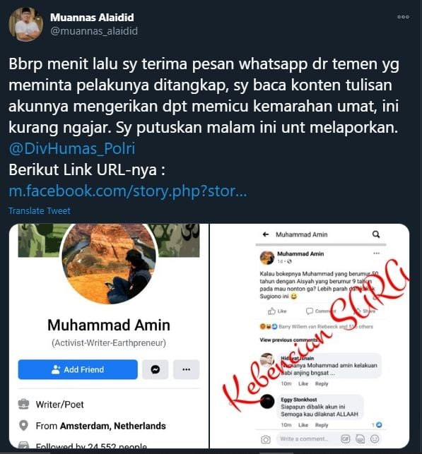 Muannas Alaidid Laporkan Status Facebook yang Diduga Lecehkan Nabi Muhammad (Twitter/Muannas_Alaidid).