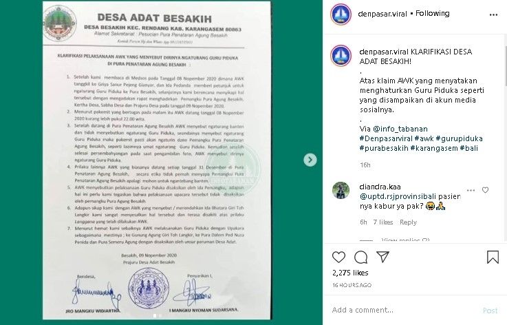 Klarifikasi Prajuru Desa Adat Besakih soal klaim AWK gelar Guru Piduka. (Instagram/@denpasar.viral)