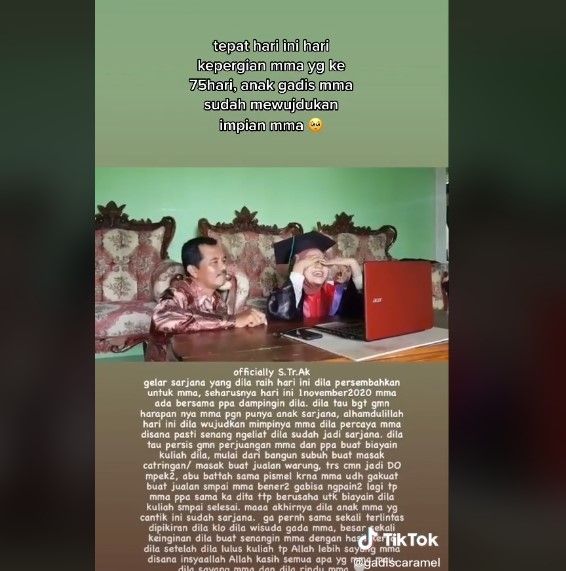 Mahasiswi wisuda di hari peringatan kematian ibunda. (Tiktok/gadiscaramel)