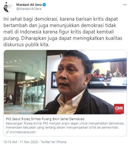 Mardani Ali Sera sebut kepulangan Rizieq menyehatkan demokrasi (Twitter/mardanialisera)