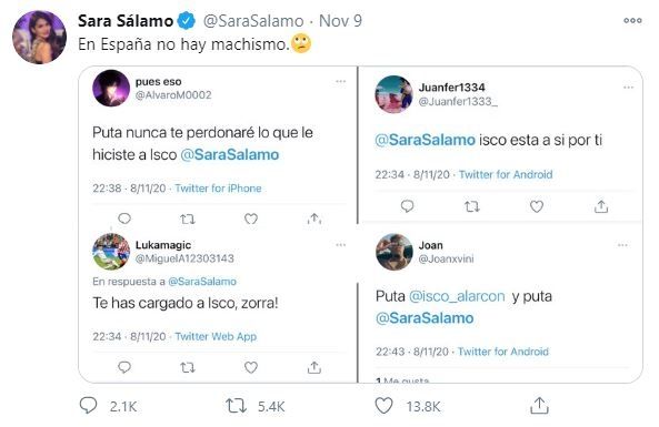 Cuitan Sara Salamo pacar Isco, usai dihujat fans Real Madrid. (Twitter/@SaraSalamo)