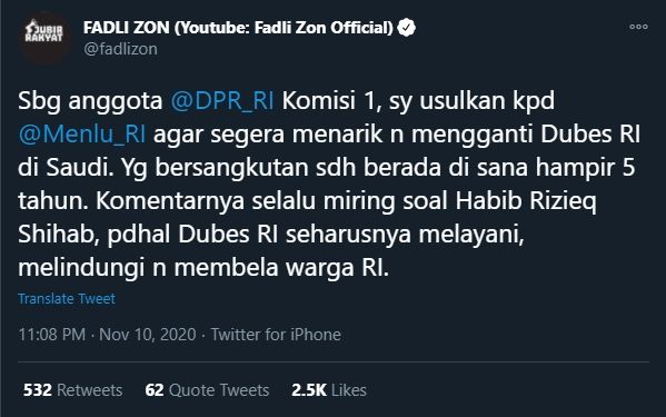 Fadli Zon Usul Dubes RI untuk Arab Saudi Dicopot (Twitter/Fadlizon).