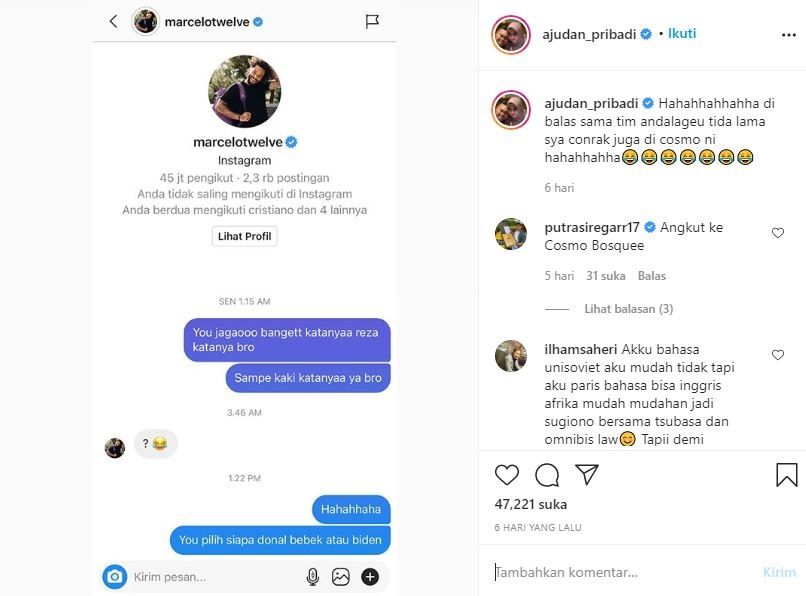 Ajudan Pribadi girang DM-nya dibalas Marcelo. (Instagram/ajudan_pribadi)