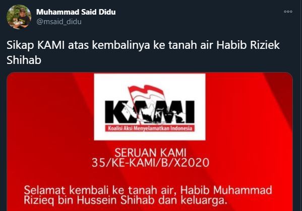 Sikap KAMI soal Kepulangan Habib Rizieq. (Twitter/@msaid_didu)