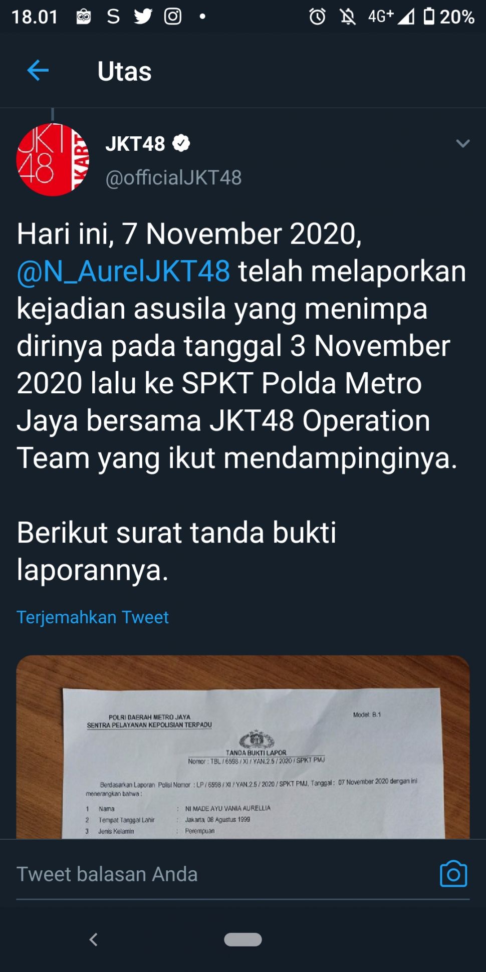 Tangkap layar unggahan bukti laporan kasus pelecehan seksual yang dilaporkan Aurellia JKT48. (@officialJKT48)