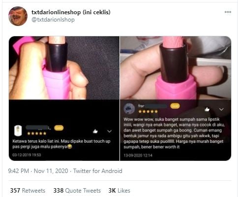 Viral produk lipstik berbentuk ambigu. (Twitter/@txtdarionlineshop)