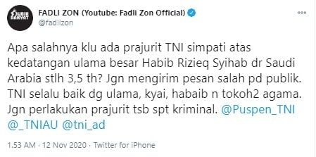 Komentar Fadli Zon soal TNI AU sambut Rizieq (Twitter/fadlizon)