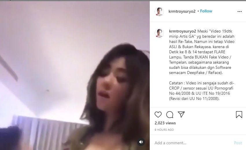 Roy Suryo menyebar video porno mirip Gisel bersurasi 19 detik secara utuh.