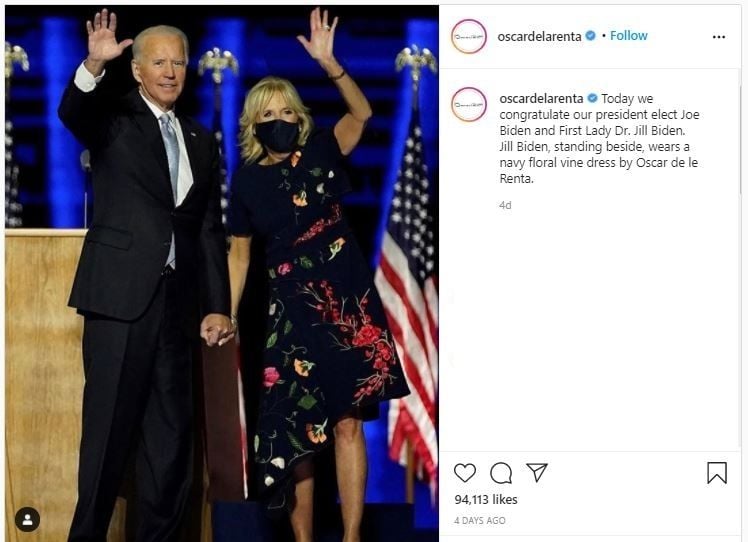 Gaun Jill Biden saat Pidato Kemenangan (instagram.com/oscardelarenta)