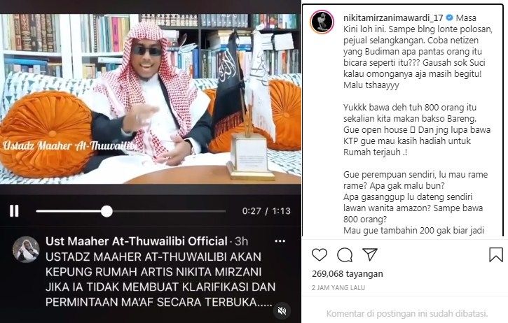 Postingan Nikita Mirzani soal video ancaman dari Ustaz Maaher. [Instagram@@nikitamirzanimawardi_17]