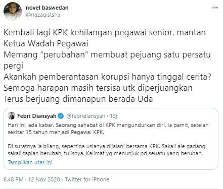 Novel Baswedan soroti banyak pegawai KPK mundur (Twitter/nazaqistsha)