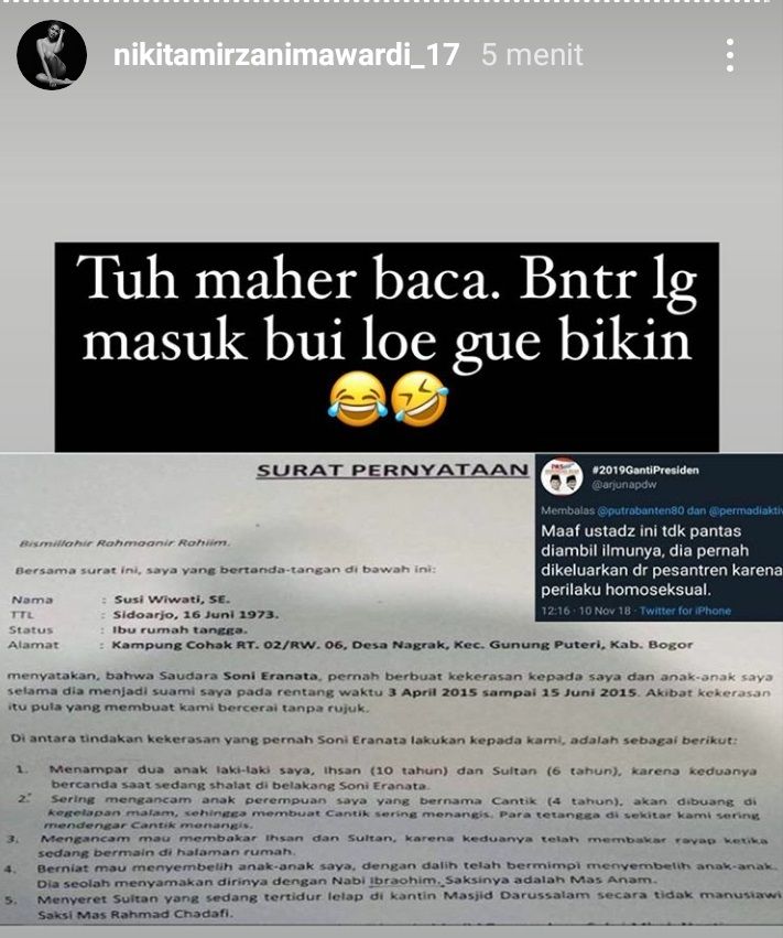 Nikita Mirzani mengungkap fakta soal Ustaz Maaher At-Thuwailib di Instagram. [Instagram]