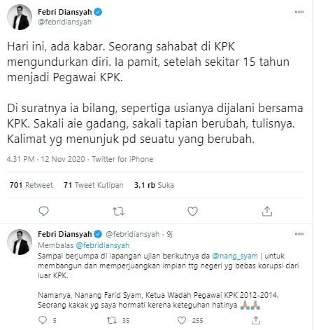 Febri Diansyah soroti banyak pegawai KPK mundur (Twitter/nazaqistsha)