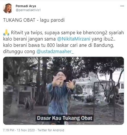 Abu Janda buat video parodi bantu Nikita Mirzani (Twitter/permadiaktivis1)