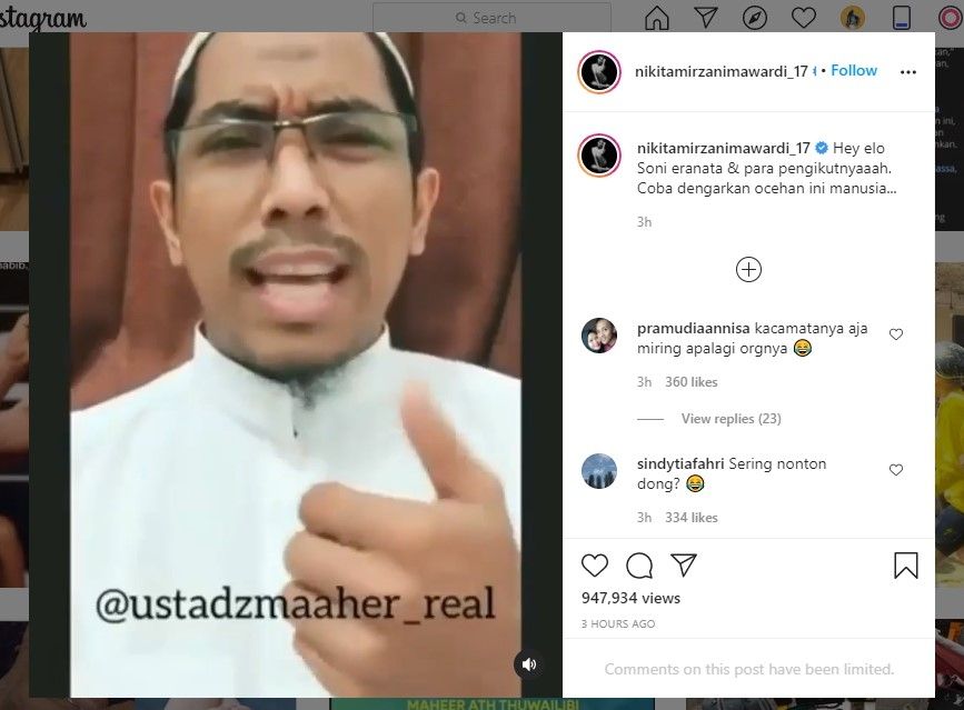 Maaher sebut bermain TikTok haram hukumnya (IG.nikitamirzanimawardi_17)