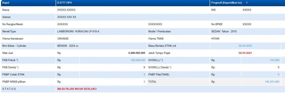 Pajak Lamborghini Huracan Hotman Paris. (samsat-pkb2.jakarta.go.id)